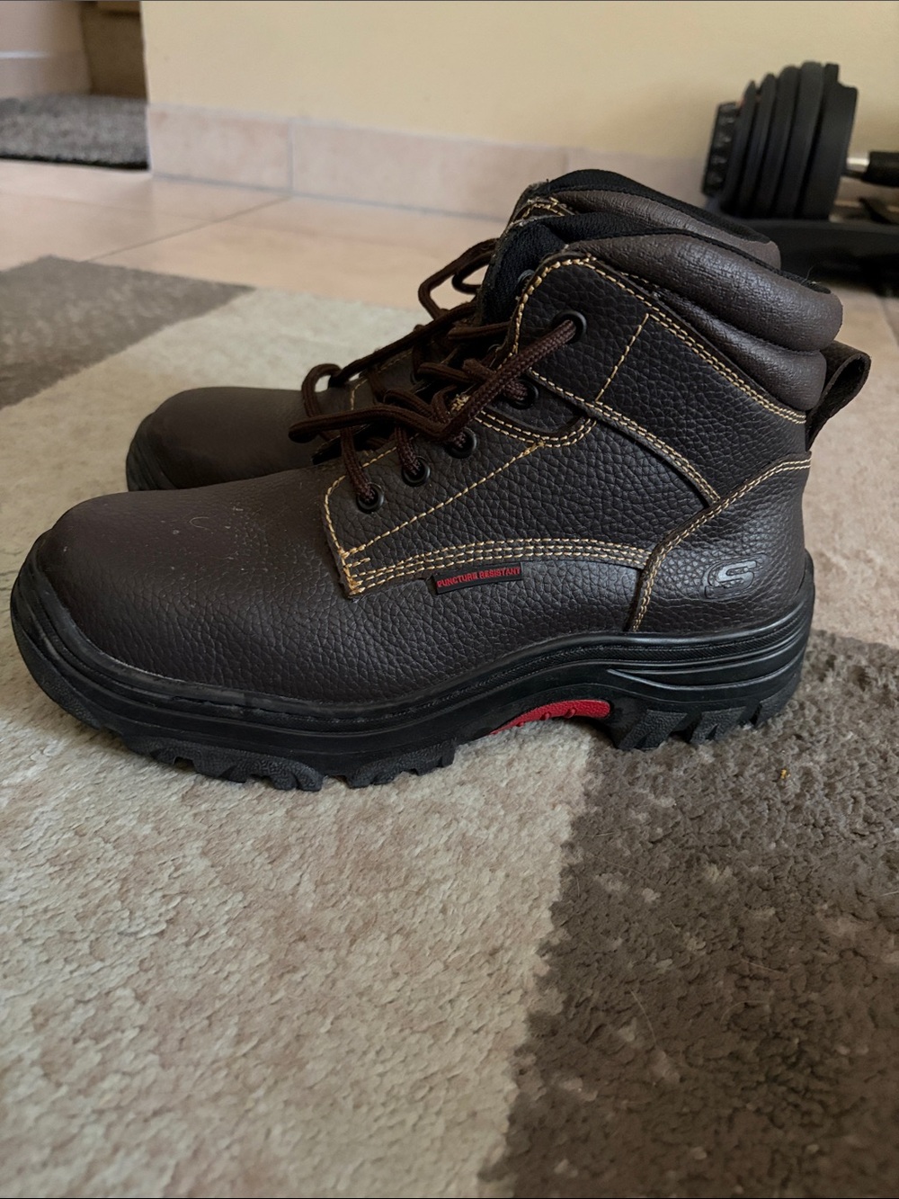 Skechers Men’s Brown Leather Lace-Up Work Boot with Black Sole